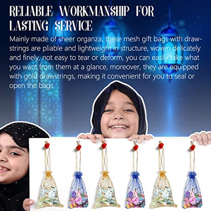 Shappy 50 Pieces Eid Mubarak Favor Moon Star Organza Bags Drawstring Sheer Mesh Latern Muslim Ramadan Tulle Jewelry Candy Gift Pouches for Party Wedding Supplies Decoration gold