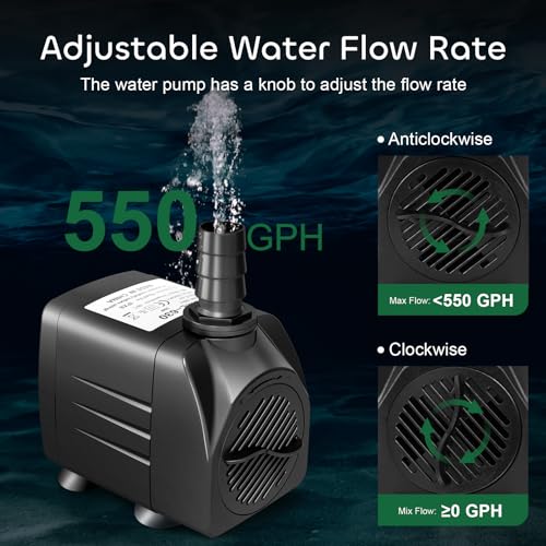 GROWNEER 550GPH Submersible Pump 30W Fountain Water Pump, 2000L/H, with 7.2ft High Lift, 3 Nozzles for Aquarium, Fish Tank, Pond, Hydroponics, Statuary, Pool - size: 550 GPH