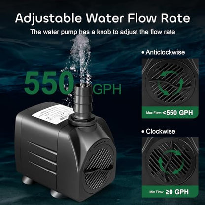 GROWNEER 550GPH Submersible Pump 30W Fountain Water Pump, 2000L/H, with 7.2ft High Lift, 3 Nozzles for Aquarium, Fish Tank, Pond, Hydroponics, Statuary (Pack of 2) - size: 550 GPH (Pack of 2)