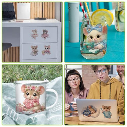 arricraft 10 Sheets Cartoon Mouse Theme UV DTF Cup Wrap for 16OZ Glass, Cute Old Mouse Rub on Decals PVC Transfer Stickers for DIY Cups Window Home Printing Decoration 24x11cm/9.4x4.3inch - style: Cartoon Mouse Theme