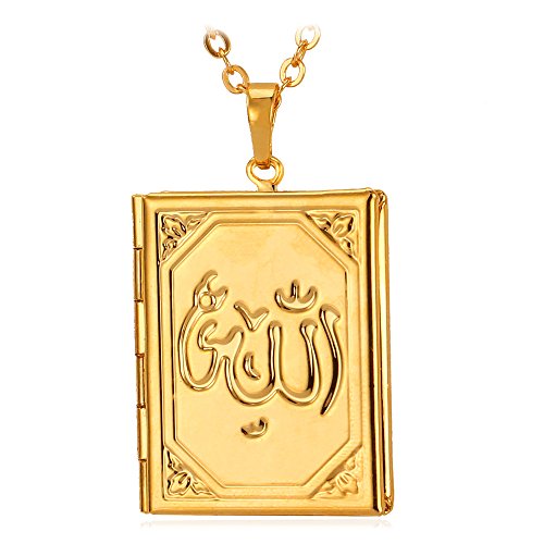 U7 Allah Necklace for Women/Men, 18K Gold Plated Square/Oval/Coin/Heart/Crescent Moon Islamic Pendant Necklace Muslim Jewelry with Chain - color: 05.Locket Gold