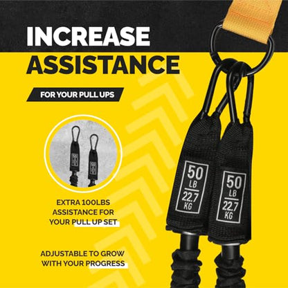 Pull Up Assistance Bands Set - 4 Heavy-Duty Pull Up Bands, Height Adjustable Strap & Comfortable Foot Strap - Stackable Pull Up Resistance Bands for Pull Ups (2X 50lb Tubes)