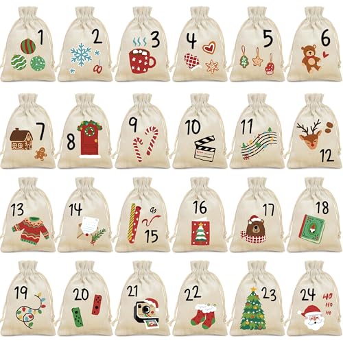 Christmas Advent Calendar Bags, 24 Days Christmas Countdown Burlap Bags with Numbers, Reusable Drawstring Pouches for Candy, Snacks, DIY Crafts, Holiday Party Favors