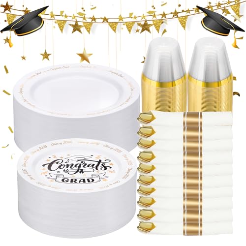 Goodluck 350 Piece Graduation Gold Plastic Dinnerware Set for 50 Guests - color: White, style: 350 Piece (50 guests)