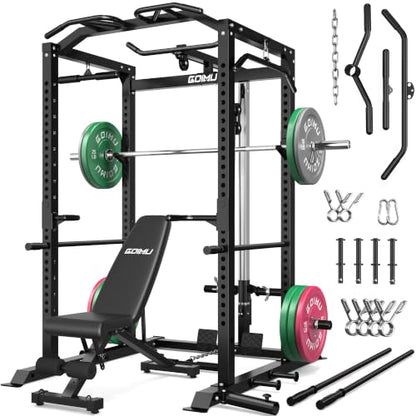 C1-V4 Power Cage, 2000LBS Squat Rack with LAT Pulldown, Multi-Function Weight Cage Strength Training Machine, Workout Cage with More Attachments for Home Gym Garage - style: 220LBS Colorful BK Package