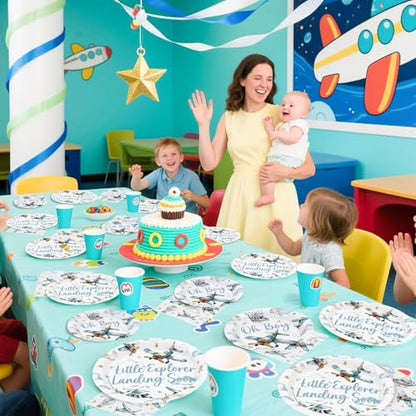 Greencian 96Pcs Airplane Boy Baby Shower Decorations, Serves 24 | Airplane Baby Shower Plates and Napkins Plane Tableware Set for Boys Little Explorer Landing Soon Adventure Party Supplies - style: Airplane Baby Shower Set