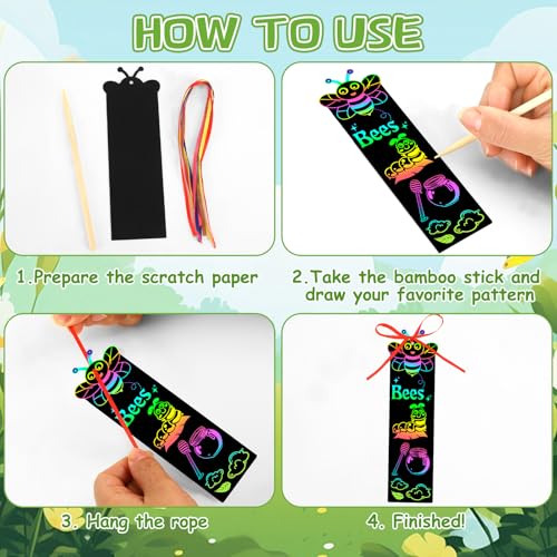 JUNEBRUSHS Spring Scratch Bookmarks, 30PCS Crafts for Kids DIY Rainbow Scratch Art, Spring Activities for Kids Art Project with 6 Designs, 30 Strings and 12 Sticks - style: Spring Style