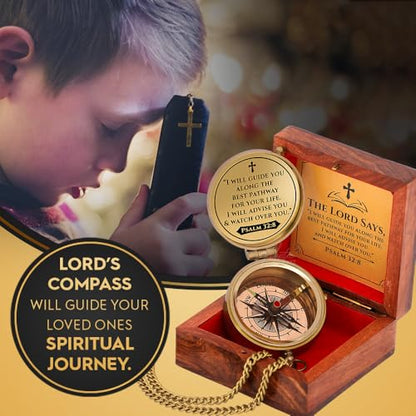 Engraved Brass Pocket Compass Gift - Psalm 32:8, First Communion Gifts, Baptism Gifts for Boys, Confirmation Gifts, Gifts for Men, Catholic Religious Christian Easter Gifts for Kids