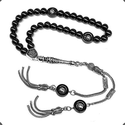 Design - Long & Stylist Tassels Worry Beads - Prayer Beads (8 mm-33 Beads) Tesbih-Tasbih-Tasbeeh-Misbaha-Subha-Sebha-Sibha-Rosary (Black Hematite - Silver Plated) - color: Black Hematite - Silver Plated