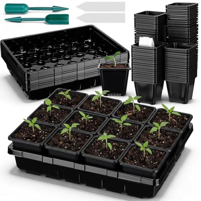 Nuenen Seed Starter Tray 6 Pcs, 3.5 Inch Square Nursery Pots 72 Pcs, Seed Starting Pot with Drainage, Seedling Trays, Microgreenings Plant Propagation Germination Tray, 6 Set