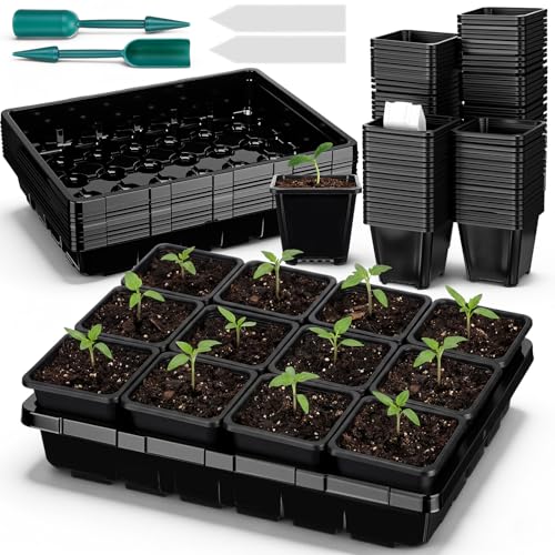 Nuenen Seed Starter Tray 6 Pcs, 3.5 Inch Square Nursery Pots 72 Pcs, Seed Starting Pot with Drainage, Seedling Trays, Microgreenings Plant Propagation Germination Tray, 6 Set