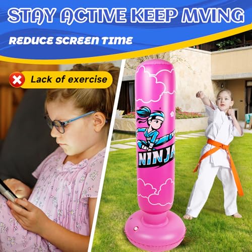 Onirii 66 Inch Kids Inflatable Punching Bag | Large Stable Kids Inflatable Boxing Bag Toy Set with Gloves for Boys & Girls Age 3-12 for Taekwondo,MMA and Practicing Karate - color: Ninja Pink