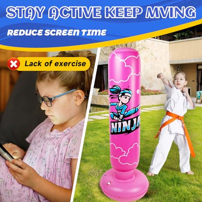 Onirii 66 Inch Kids Inflatable Punching Bag | Large Stable Kids Inflatable Boxing Bag Toy Set with Gloves for Boys & Girls Age 3-12 for Taekwondo,MMA and Practicing Karate - color: Ninja Pink