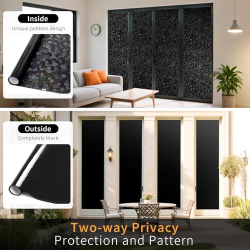 JAYONG Total Blackout Window Privacy Film with Tools, 35.4'' x 196.8'' | 3D Pebble Pattern, 100% Light & UV Blocking Heat Control, No Glue Static Cling Room Darkening Glass Tint for Bedroom Bath - color: Pebble Pattern - Total Black, size: 35.4 x 196.8 In