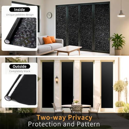 JAYONG Total Blackout Window Privacy Film with Tools, 35.4'' x 196.8'' | 3D Pebble Pattern, 100% Light & UV Blocking Heat Control, No Glue Static Cling Room Darkening Glass Tint for Bedroom Bath - color: Pebble Pattern - Total Black, size: 35.4 x 196.8 In