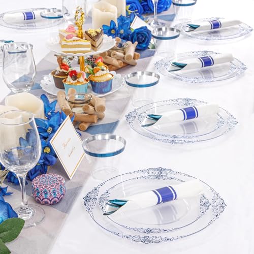 Hioasis 175pcs Clear and Blue Plates - Blue Party Plates for 25 Guest, Include 50 Heavy-duty Plates(20% Thicker Than Standard), 25 Pre Rolled Gold Plastic Silverware Set, 25 Cups for Graduation - color: Clear and Blue