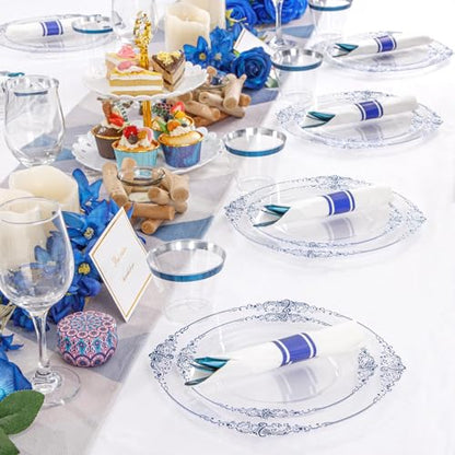 Hioasis 175pcs Clear and Blue Plates - Blue Party Plates for 25 Guest, Include 50 Heavy-duty Plates(20% Thicker Than Standard), 25 Pre Rolled Gold Plastic Silverware Set, 25 Cups for Graduation - color: Clear and Blue