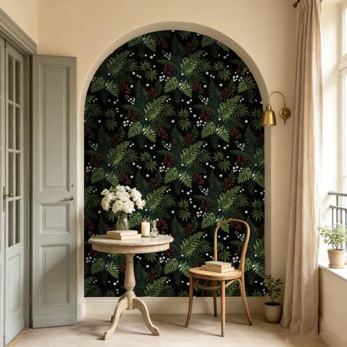 Dark Green Botanical Berries Peel and Stick Wallpaper 17.5" x 118" | Self-Adhesive, Removable Waterproof Contact Paper for Bedroom, Bathroom, Cabinets, Accent Wall, Laundry Room - color: Black/Dark Green, size: 17.5" x 118"