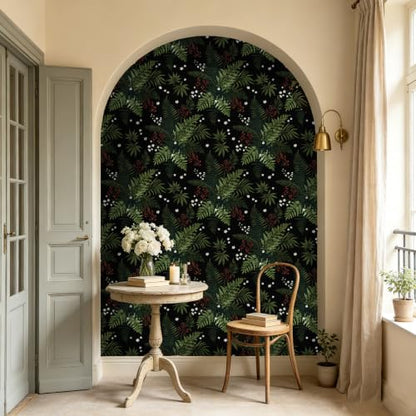 Dark Green Botanical Berries Peel and Stick Wallpaper 17.5" x 118" | Self-Adhesive, Removable Waterproof Contact Paper for Bedroom, Bathroom, Cabinets, Accent Wall, Laundry Room - color: Black/Dark Green, size: 17.5" x 118"