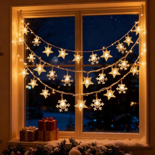 New Year Stars and Snowflakes Hanging String Lights, 20 LED Durable Warm Yellow Fairy Lights,Winter Birthday Mubarak Ramadan Kareem Patio Wedding Party Window Wall Indoor Outdoor Xmas Tree Decorations