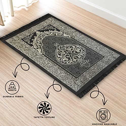 Muslim Prayer Rug Prayer Beads Kufi Hat for Men and Women 100% Breathable Black Skull Beanie Traditional Desing Prayer Mat Eid Ramadan Gifts Islamic Set Salah Mat Taffeta Fabric Soft (Black) - color: Black