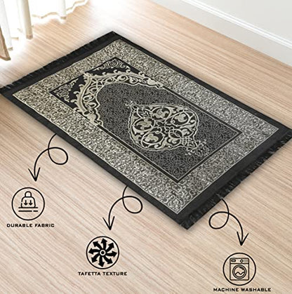 Muslim Prayer Rug Prayer Beads Kufi Hat for Men and Women 100% Breathable Black Skull Beanie Traditional Desing Prayer Mat Eid Ramadan Gifts Islamic Set Salah Mat Taffeta Fabric Soft (Black) - color: Black
