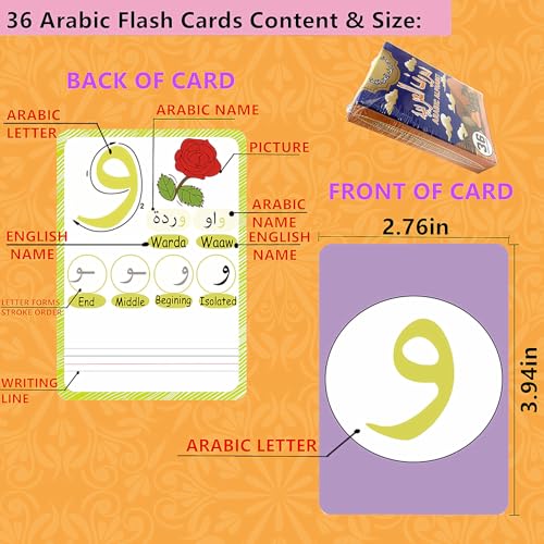 36 Arabic Flash Cards, Arabic Alphabet Learning for Beginners, Adults, Learn Arabic Alphabet Letters Writing & Pronunciation Guide for Teacher Tool Supplies
