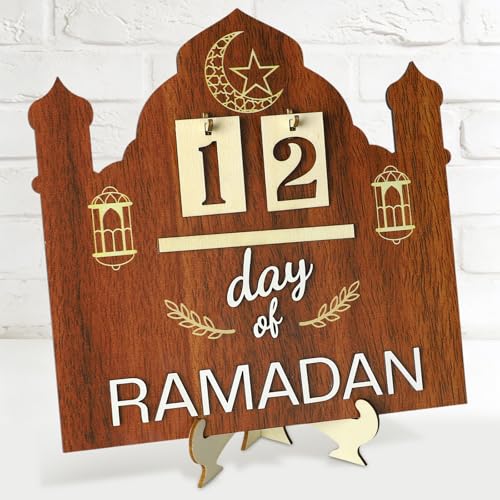 Wooden Ramadan Countdown Calendar, Interactive Ramadan Advent Calendar Dates Holder for Home Office, Islamic Desktop Mosque Eid Decor with Crescent Moon