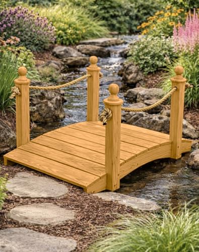 4 FT Oak Amish Rope Rail Garden Bridge, Pinewood - size: 4 FT Bridge & Rope