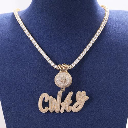 Lulu Mel Iced Out Personalized Cursive Name Necklace For Trendy Women, Custom Handmade Nameplate Pendant With Cuban Link Chain, White Gold Plated Hip Hop CZ Diamond Jewelry Gifts - color: Gold/Money Bag Bail