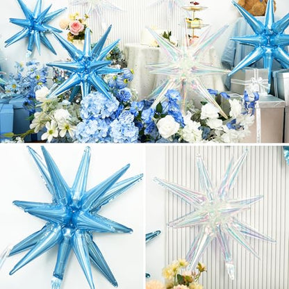 9Pcs Blue Iridescent Star Balloons, Explosion Spike Foil Balloons Party - color: Iridescent + Light Blue