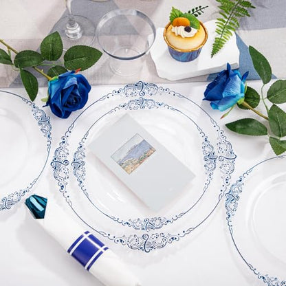 Hioasis 175pcs Clear and Blue Plates - Blue Party Plates for 25 Guest, Include 50 Heavy-duty Plates(20% Thicker Than Standard), 25 Pre Rolled Gold Plastic Silverware Set, 25 Cups for Graduation - color: Clear and Blue