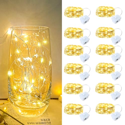 12 Pack Led Fairy Lights - Warm White, Battery Operated LED Silver Wire String Lights, 7FT 20LED Mini Firefly Starry String Lights Waterproof Led Twinkle Lights for Mason Jar DIY Christmas Decor - color: Warm White