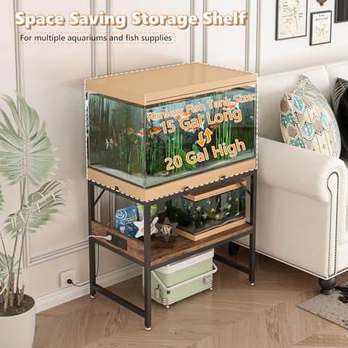 METYERRY Modern 15 Long Gallon Fish Tank Stand for Home Office, 2-Tier Aquarium Stand with Shelf for Storage, Fish Tank Table 24" x 12" x 21", Ideal for Breeder Tanks, and Reptile Terrariums, Rustic Brown