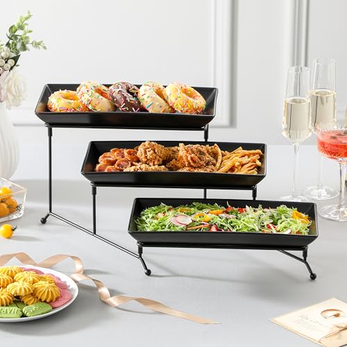 MALACASA 3 Tier Serving Tray, Porcelain Tiered Serving Trays Platters, 12 Inch Serving Stand with Platters,Black Dessert Stand with Collapsible Sturdier Metal Rack,Series PLAT - color: Black, size: 12 Inch