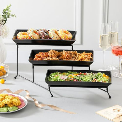 MALACASA 3 Tier Serving Tray, Porcelain Tiered Serving Trays Platters, 12 Inch Serving Stand with Platters,Black Dessert Stand with Collapsible Sturdier Metal Rack,Series PLAT - color: Black, size: 12 Inch