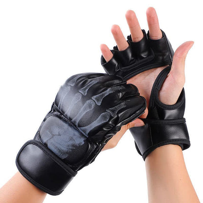 MMA Gloves, Half-Finger Boxing Fight Gloves MMA Mitts with Adjustable Wrist Band UFC Gloves for Sanda Sparring Punching Bag Training (One Size Fits Most) - color: Ghost hand black
