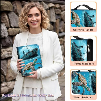 PU Leather Bible Cover with Handle & Pockets, Large Capacity Bible Case, Water-Resistant Scripture Organizer Bag with Bonus Card Holder, Christian Gift for Women & Men, Majestic Sea Turtle - color: Majestic Sea Turtle