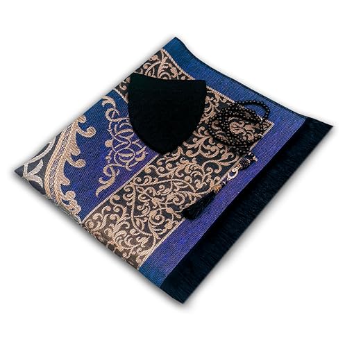 Muslim Prayer Rug Prayer Beads Kufi Hat for Men and Women 100% Breathable Black Skull Beanie Traditional Desing Prayer Mat Eid Ramadan Gifts Islamic Set Salah Mat Taffeta Fabric Soft (Blue) - color: Blue