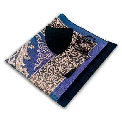 Muslim Prayer Rug Prayer Beads Kufi Hat for Men and Women 100% Breathable Black Skull Beanie Traditional Desing Prayer Mat Eid Ramadan Gifts Islamic Set Salah Mat Taffeta Fabric Soft (Blue) - color: Blue