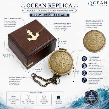Be Strong and Courageous Compass – Antique Nautical Magnetic Compass with Engraved Scripture Quote – Baptism Gift with Wooden Box for Son, Father, Husband, Loved One