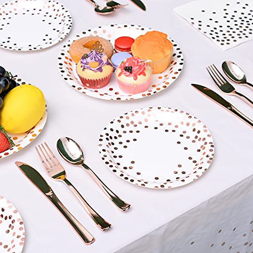 200Pcs Rose Gold Party Supplies - Rose Gold Dot on White Paper Plates and Napkins Cups Silverware Serves 25 Sets for Wedding Bridal Shower Engagement Birthday Parties.(Rose gold dot) - color: Rose gold dot