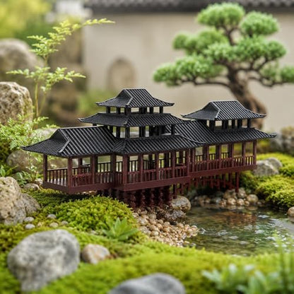 LOGOFUN Mini Chinese Pavilion Ornament Arched Bridge Bonsai Decor - 13.5CM | Ancient Pavilion And Bridge Model Adds Architectural Detail To Bonsai, Sand Tables, Garden Scenes, And Micro Landscapes