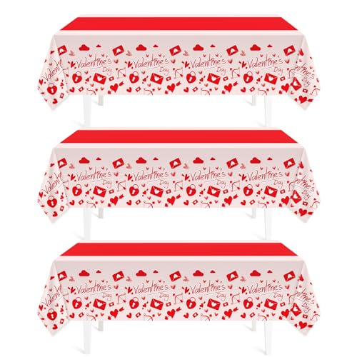 Childom Valentines Day Tablecloth for Valentines Day Decorations Party,3 Pack Disposable Plastic Valentines Table Cloths 54" x 108" Pink Table Cover,Valentines Decor for Wedding Engagement Anniversary - color: Valentines