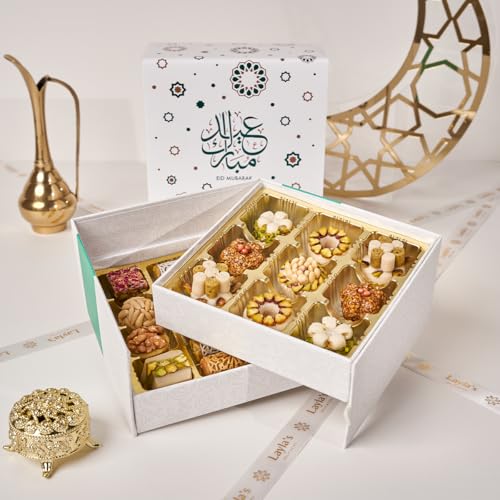 Layla’s Delicacies Mediterranean Treats Gift Box for Eid Mubarak - Handmade Healthy Mixed Nutty Flavors Pastries - Halal, Vegetarian, Gluten Free - 23 Bite-Size Treats - color: Eid Gift Box, size: 23 Count (Pack of 1)