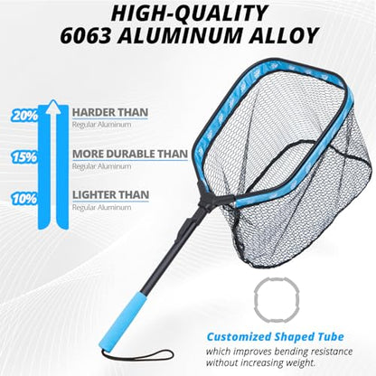 Floating Fishing Net for Fly Fishing, Foldable Landing Net | 31.2" Length, 15"x11.8" Hoop, Fish Net with Rubber Coated Polyethylene Mesh for Bass, Trout, Kayak & Boat Fishing - color: Blue