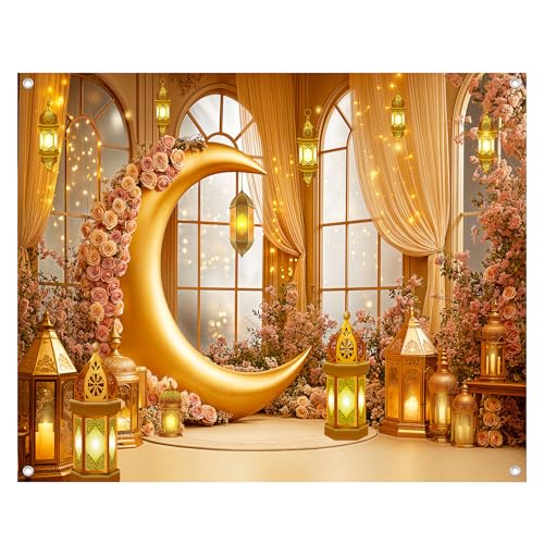 10x8FT Ramadan Mubarak Backdrop Islamic Crescent Moon Eid Party Banner Decorations Muslim Kareem Lantern Photography Background Photo Booth Prop - size: 10x8FT