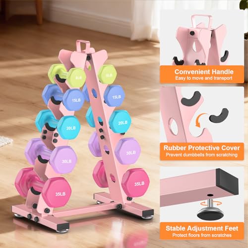 TomCare 6-Tier|5-Tier|4-Tier|2-Tier Dumbbell Rack Stand Only for Home Gym | Stable A-Frame, Fits 5–35 lb Dumbbells, Protective Padded Cradles, Adjustable Feet, Easy-Carry Handle (Stand Only) - color: Pink, size: 5 Tier