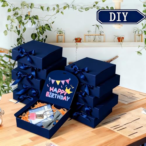 WLUSEAXI 10pack Gift Boxes with Lids, 6.5''x6.5''x2'' Blue Gift Boxes For Presents, Paper Boxes with Ribbon for Birthday Wedding Party Chocolate Candy - color: Blue