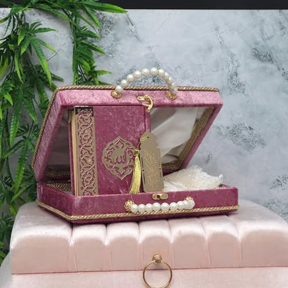 Modefa Islamic Luxury Pearl Islamic Gift Set - Holy Quran in Arabic - Velvet Box with Quran, Hijab, Tesbih, & Bookmark (Light Raspberry) - color: Light Raspberry